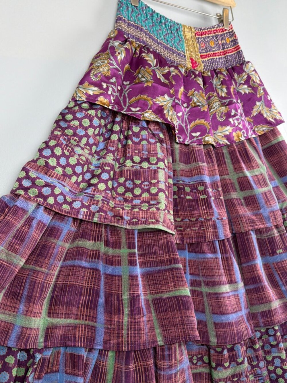 Kantha Bae Venus Ruffle Skirt Dress Convertible Free Sz Purple Hippie Maxi Silk - Picture 2 of 5